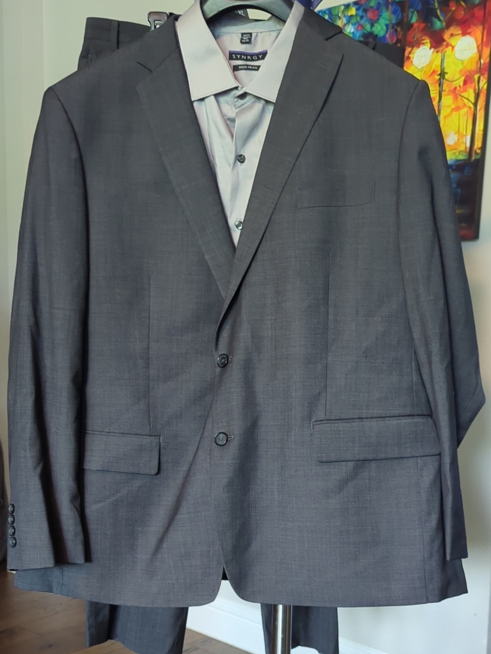 Claiborne Gray Two-Button Suit Jacket, Pants, Shirt And Tie Plus Storage Bag. #3